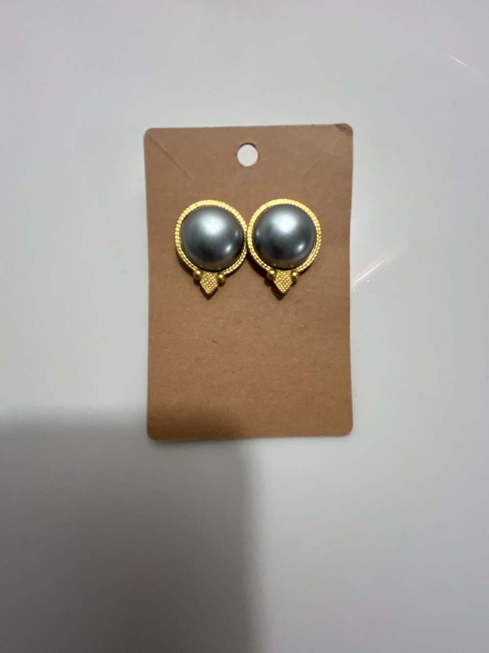 Vintage Nolan Miller Faux Gray Pearl Gold Tone Stud Earrings